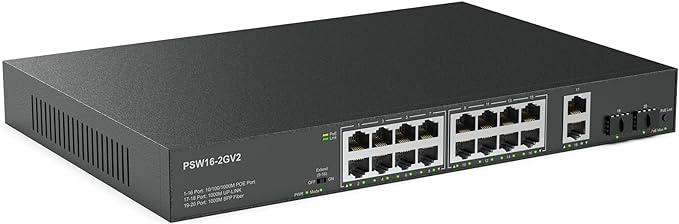 16 Port Full Gigabit PoE Switch with 2 Gigabit Uplink SFP Ports, Unmanaged Plug and Play, High Power Total Budget 300W, 803.af/at Compliant, Fanless & Slience, Metal Housing, Rack Mount