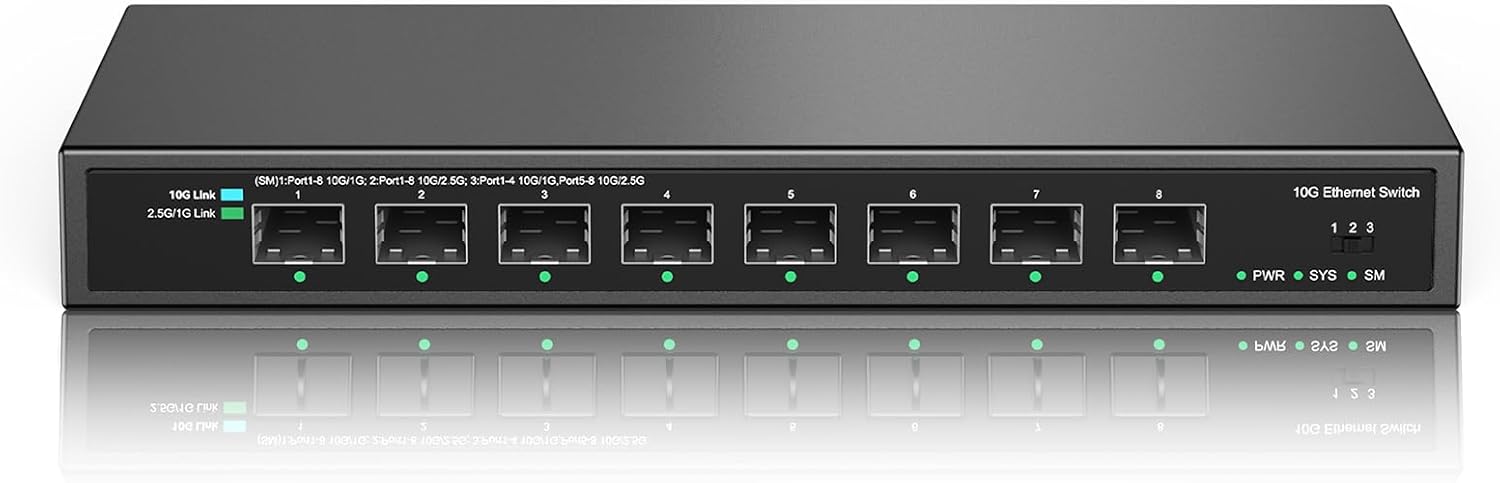 8 Port 10Gb SFP+ Managed Switch with 8 x 10 Gigabit SFP+ Ports | Multi-Gigabit 10G-2.5G-1G | Fanless | Plug & Play | Metal Casing NO Rack Mount | NO Jumbo Frames | 160G Bandwidth