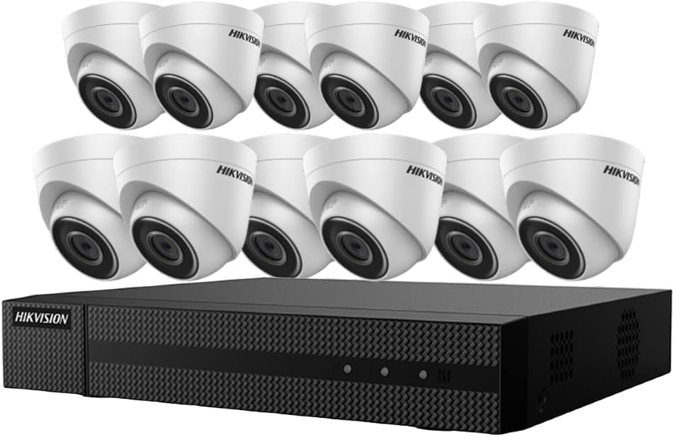 Hivision 4K 8MP IP Kit, 16 Channel 4K 8MP NVR 4TB with 12 x 4MP Outdoor Turret Dome Cameras 2.8mm Wide Angle IP67 H.265+ Compatible with Hikvision Hik-Connect, Cable not Included