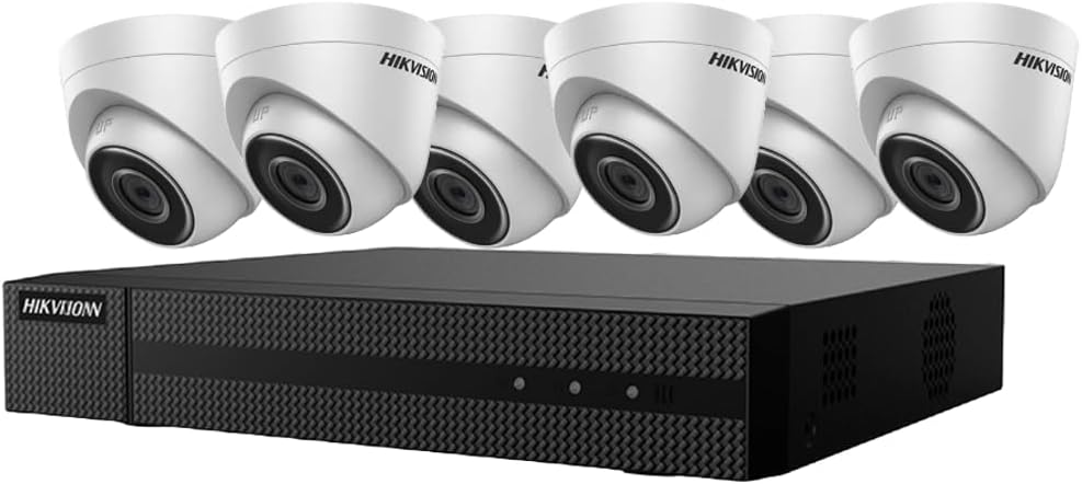 Hikvision 4K 8MP IP Kit, 8 Channel 4K 8MP NVR 2TB with 6 x 4K 8MP DS-2CD1383G2-LIUF Outdoor Turret Dome Cameras 2.8mm Wide Angle IP67 H.265+ Compatible with Hikvision Hik-Connect, Cable not Included