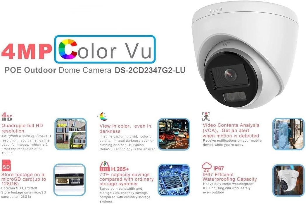 Ⲏіkvіsіon DS-2CD1347G2-LUF 4MP Acusense CoIorVu Full Color Night Vision IP Turret Dome Camera with Visible White LED Lights, 2.8mm Wide Angle IP67 Built in Mic, Compatible with Hikvision NVR