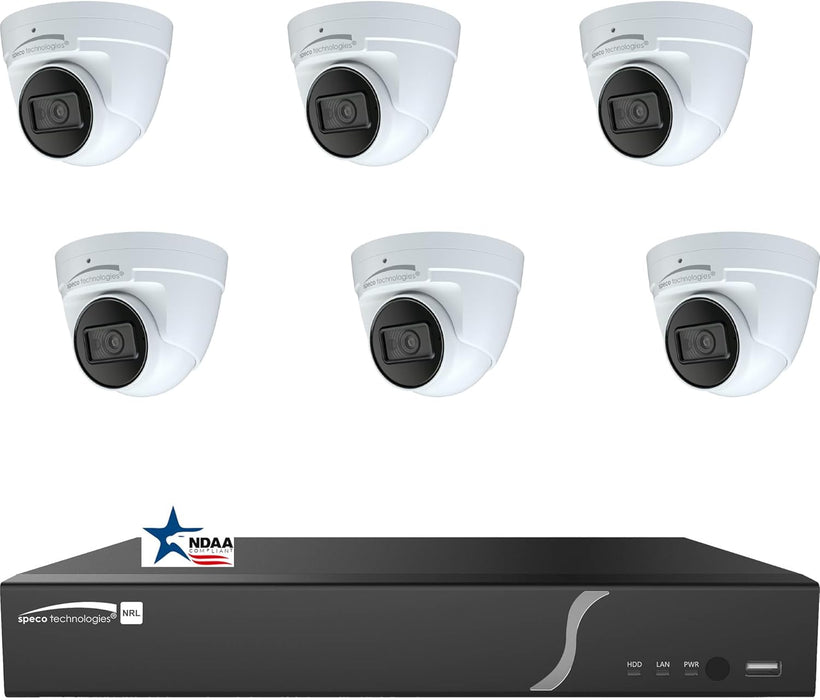 Speco-Technologies 8 Channel PoE IP Camera System, NDAA Compliant, N8NRL 8 CH 4K H.265 NVR with 6 pcs O4VT2 4MP Wired IP PoE Dome Weatherproof Cameras IP Cameras, 2TB Hard Drive Storage