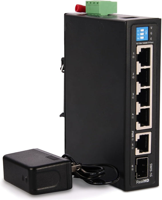Industrial Ethernet Switch, 6-Port Gigabit Ethernet Switch, 1000Mbps, 4*1 RJ45 Uplink+1 SFP Port, Din Rail & Wall Mountable (-40 to 185 F), 12Gbps Switching Capacity, with UL Power Supply