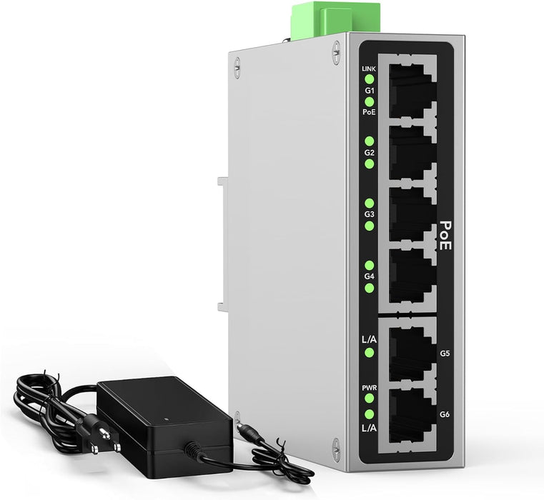 Industrial 4-Port Full Gigabit POE+ Switch with UL Power Supply, 2 Gigabit Uplink Port, Total 60W Budget, DIN-Rail POE Switch for IP Cameras, VoIP Phones, Wireless APs