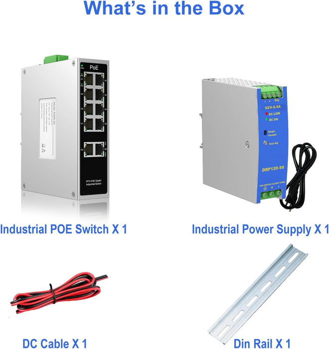 Industrial 8-Port Full Gigabit POE+ Switch with Industrial DIN-Rail Power Supply, 2 Gigabit Uplink Port, Total 120W Budget, DIN-Rail POE Switch for IP Cameras, VoIP Phones, Wireless APs