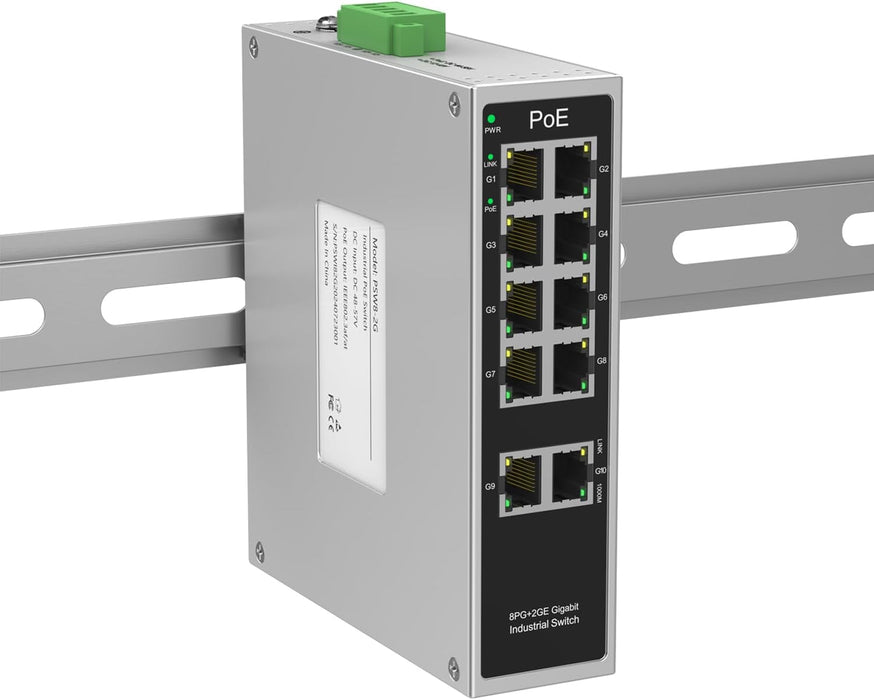 Industrial 8-Port Full Gigabit POE+ Switch with Industrial DIN-Rail Power Supply, 2 Gigabit Uplink Port, Total 120W Budget, DIN-Rail POE Switch for IP Cameras, VoIP Phones, Wireless APs