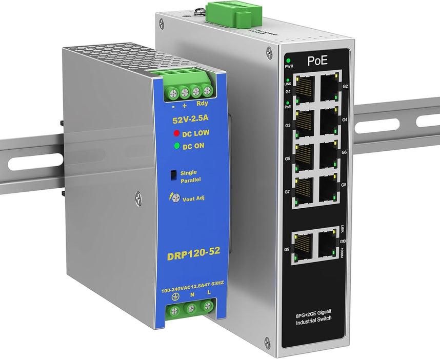 Industrial 8-Port Full Gigabit POE+ Switch with Industrial DIN-Rail Power Supply, 2 Gigabit Uplink Port, Total 120W Budget, DIN-Rail POE Switch for IP Cameras, VoIP Phones, Wireless APs