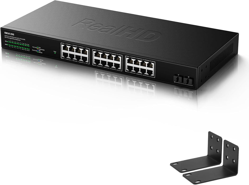 24 Port 2.5Gb Managed Ethernet Network Switch 24 x 2.5 Gigabit Base-T Port | 2 x 10G SFP+ | Compatible with 10-100-1000Mbps Devices | Fanless Quiet Metal Internet Switch | Rack Mount | 160G Bandwidth