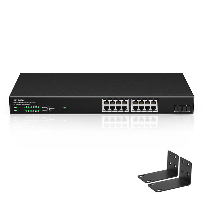 16 Port 2.5Gb Web Unmanaged Ethernet Network Switch with 16 x 2.5G Base-T Port | 2 x 10G SFP+ | Work with 10-100-1000Mbps | 120G Bandwidth | Fanless Quiet | Rack Mount | Sturdy Metal Casing