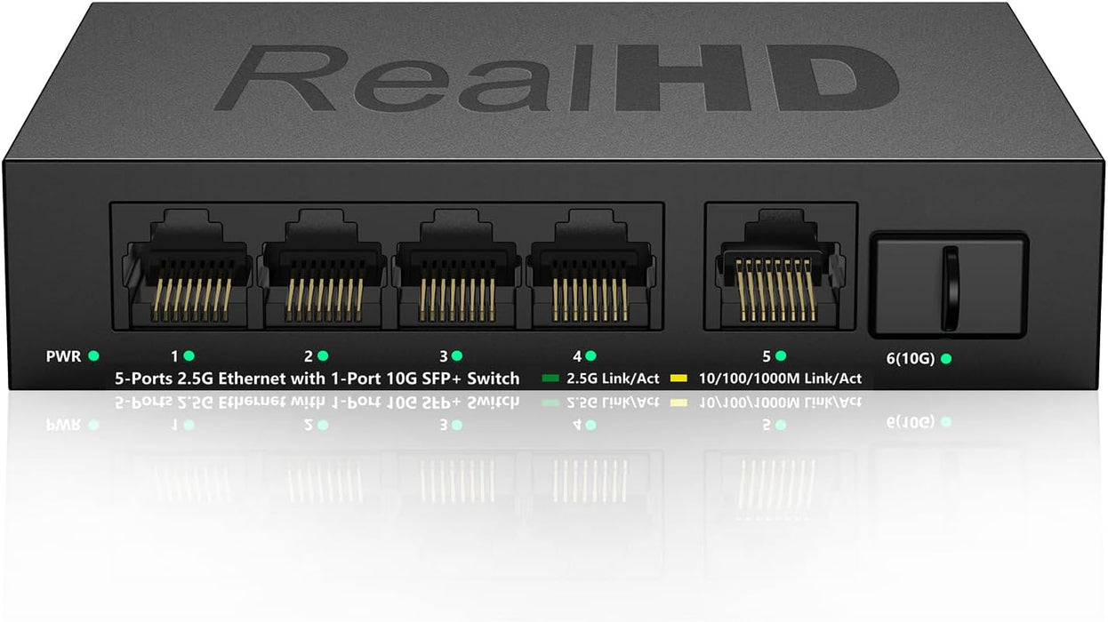 2.5GB 5 Port Network Ethernet Switch Unmanaged with 1 x 10G SFP+ Port | Multigig Switch 10-100-1000Mbps | 45G Bandwidth | Plug & Play | Fanless Quiet Metal Internet Switch
