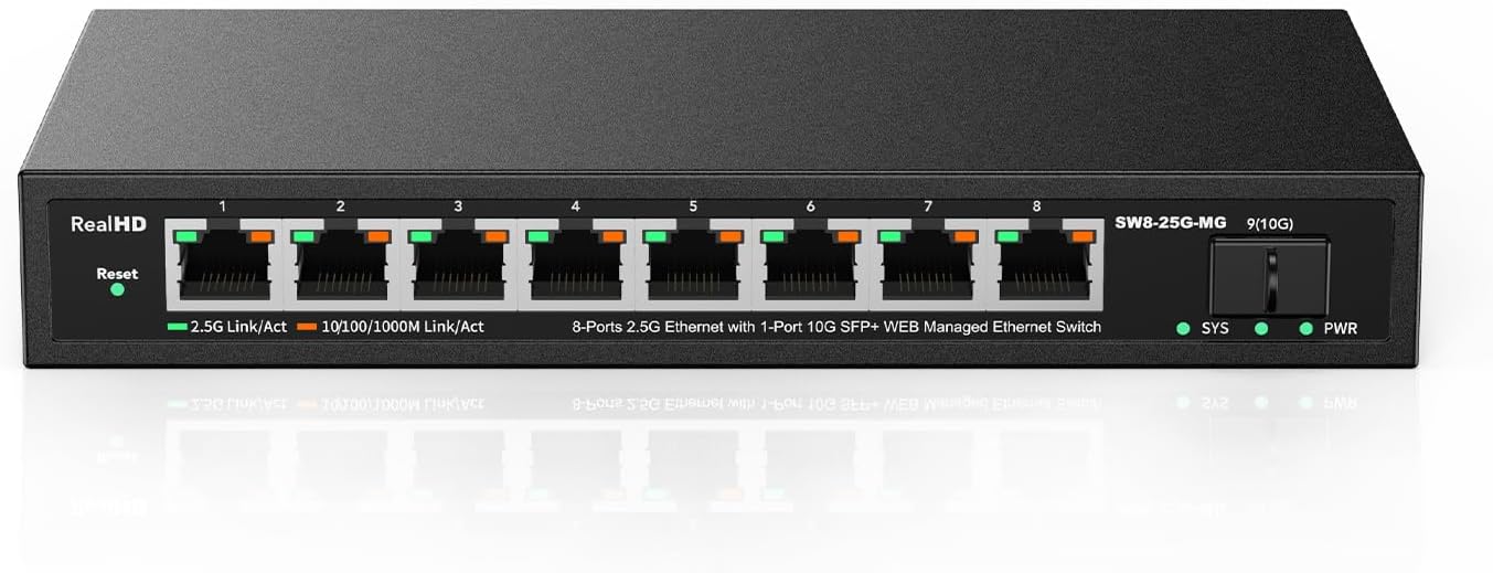 8 Port 2.5Gb Web Managed Ethernet Network Switch with 8 x 2.5 Gigabit | 1 x 10G SFP+ | Work with 10-100-1000Mbps Devices | 60G Bandwidth | Fanless Quiet Metal Internet Switch | NOT Support VPN