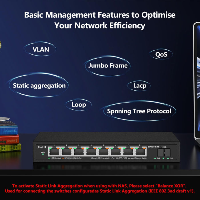 8 Port 2.5Gb Web Managed Ethernet Network Switch with 8 x 2.5 Gigabit | 1 x 10G SFP+ | Work with 10-100-1000Mbps Devices | 60G Bandwidth | Fanless Quiet Metal Internet Switch | NOT Support VPN