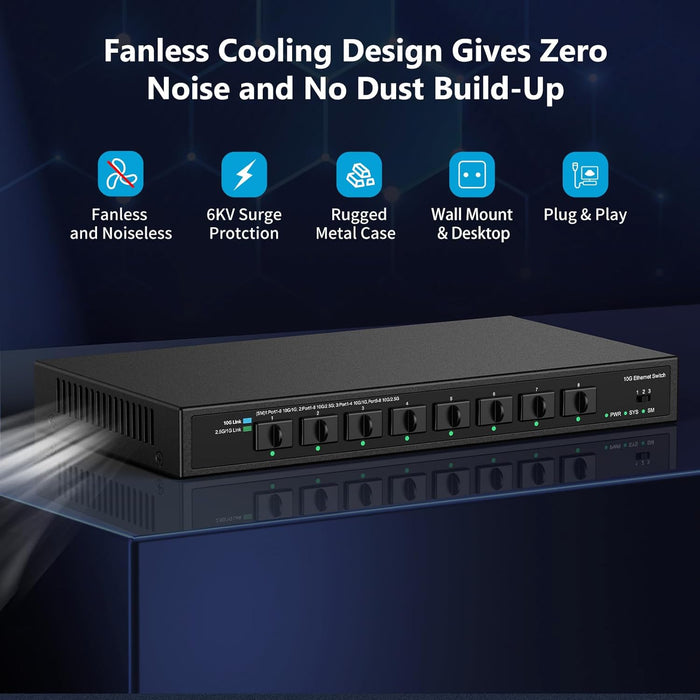 8 Port 10Gb SFP+ Managed Switch with 8 x 10 Gigabit SFP+ Ports | Multi-Gigabit 10G-2.5G-1G | Fanless | Plug & Play | Metal Casing NO Rack Mount | NO Jumbo Frames | 160G Bandwidth