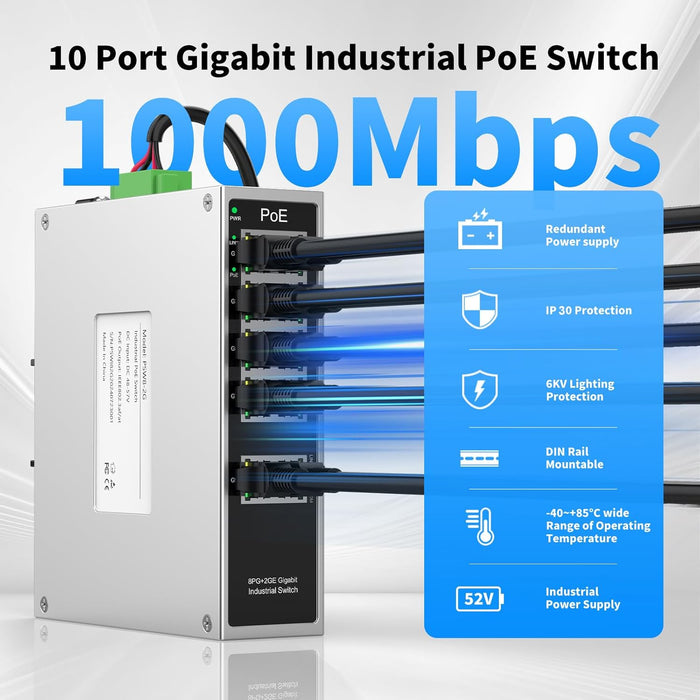Industrial 8-Port Full Gigabit POE+ Switch with Industrial DIN-Rail Power Supply, 2 Gigabit Uplink Port, Total 120W Budget, DIN-Rail POE Switch for IP Cameras, VoIP Phones, Wireless APs