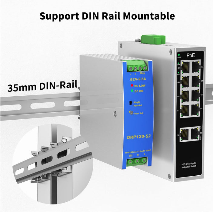 Industrial 8-Port Full Gigabit POE+ Switch with Industrial DIN-Rail Power Supply, 2 Gigabit Uplink Port, Total 120W Budget, DIN-Rail POE Switch for IP Cameras, VoIP Phones, Wireless APs