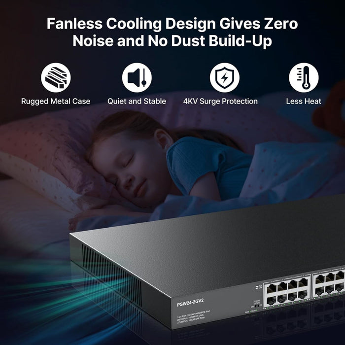 24 Port Full Gigabit Unmanaged PoE Switch with 2 Gigabit ethernet uplink plus 2 SFP Uplink Ports, Up to 30W Per Port, Total Budget 300W