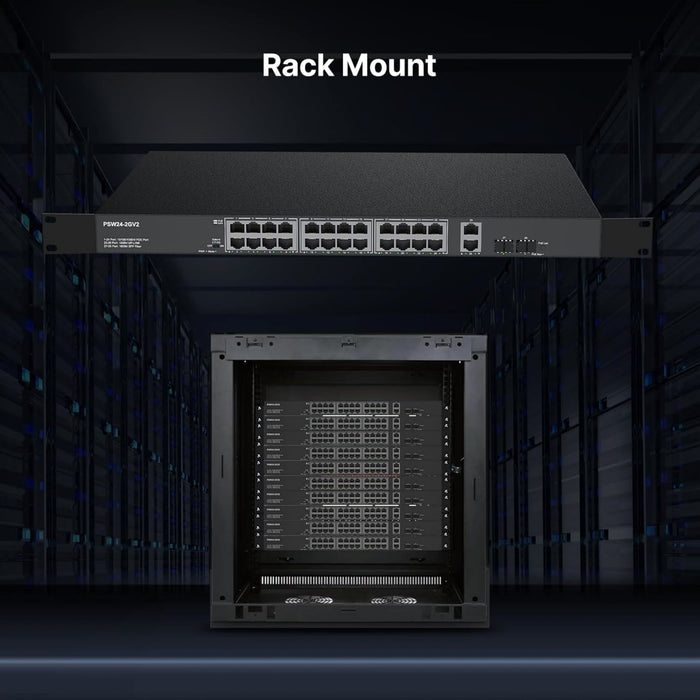 24 Port Full Gigabit Unmanaged PoE Switch with 2 Gigabit ethernet uplink plus 2 SFP Uplink Ports, Up to 30W Per Port, Total Budget 300W