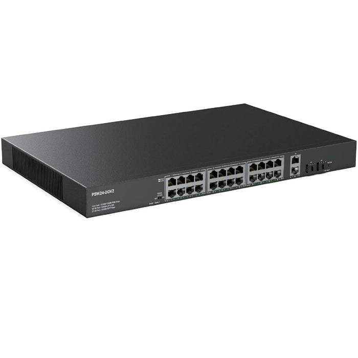 24 Port Full Gigabit Unmanaged PoE Switch with 2 Gigabit ethernet uplink plus 2 SFP Uplink Ports, Up to 30W Per Port, Total Budget 300W