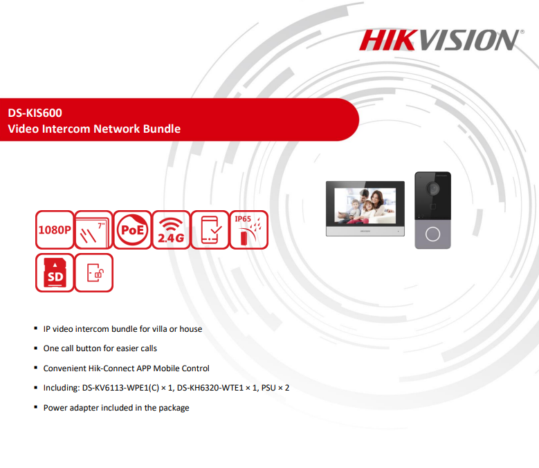 Hikvision DS-KIS600 Compact IP Kit with 7" Indoor Video Touch Screen Intercom Station and 2MP FHD WiFi Intercom Smart Doorbell Video Camera Door Bell