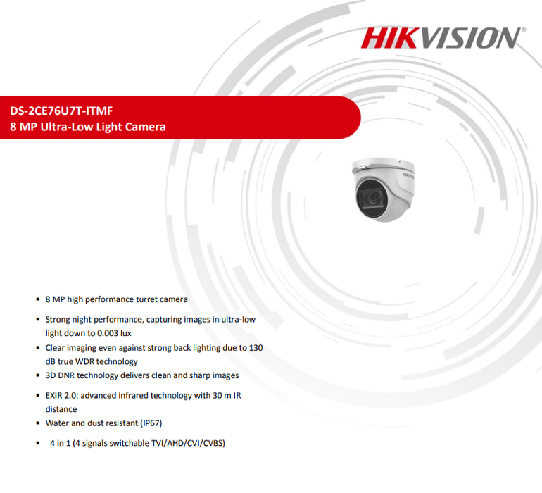 Hikvision 4K 8MP DS-2CE76U7T-ITMF Ultra Low Light Fixed Turret Camera TVI/AHD/CVI/CVBS  2.8MM