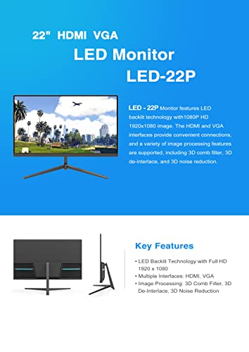 Computer Monitor, 22 Inch FHD 1080P Thin LED Screen Monitor, 75Hz Refresh Rate with HDMI VGA and Audio, VESA Compatible, Eye Care, Use for Home & Office