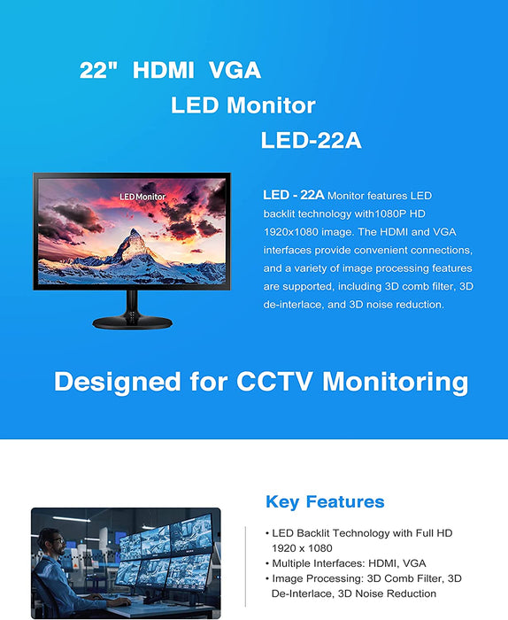 22" 1080P Thin LED Monitor with HDMI VGA Built in Speaker Compatible with CCTV Security DVR NVR  NEW