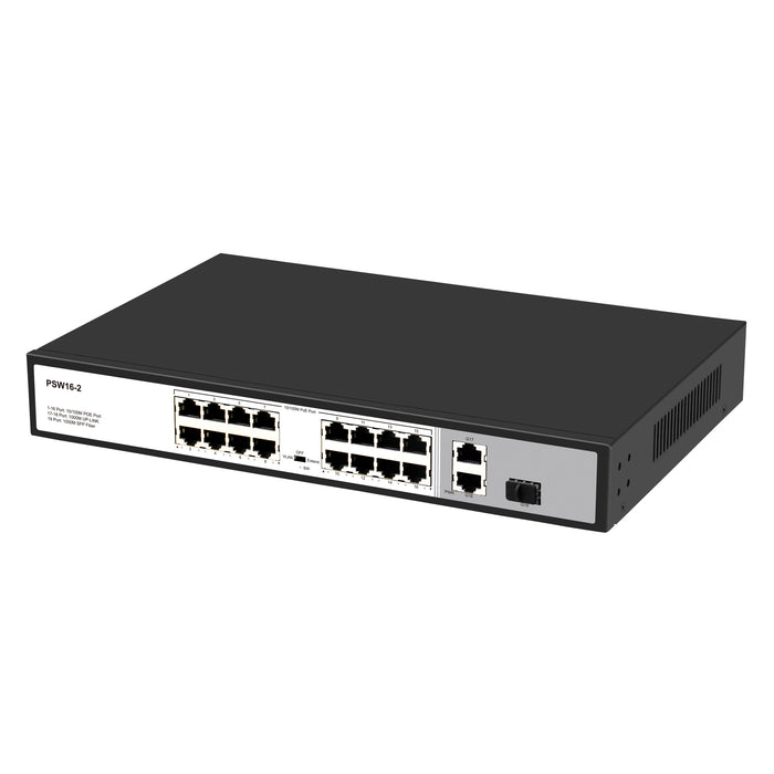 16 Port 10/100Mbps PoE+ Switch with 2 Gigabit Uplink Ports, Up to 30W Per Port, Total Budget 250W, 803.af/at Compliant, Extend Mode, Rack Mount