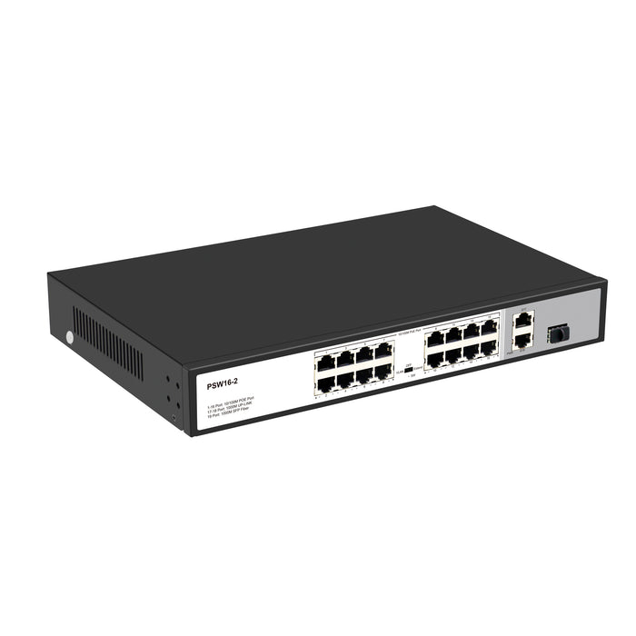 16 Port 10/100Mbps PoE+ Switch with 2 Gigabit Uplink Ports, Up to 30W Per Port, Total Budget 250W, 803.af/at Compliant, Extend Mode, Rack Mount