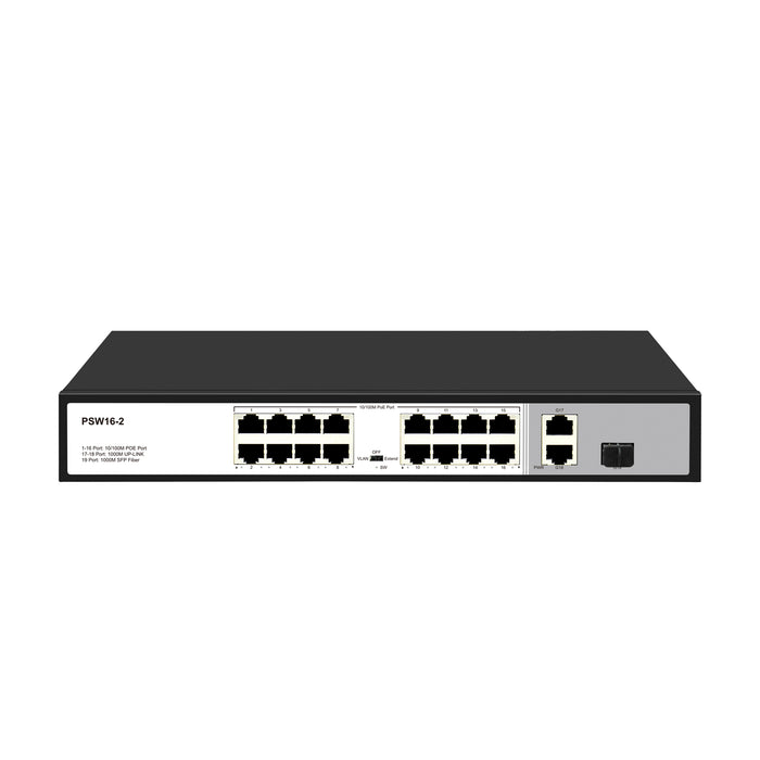 16 Port 10/100Mbps PoE+ Switch with 2 Gigabit Uplink Ports, Up to 30W Per Port, Total Budget 250W, 803.af/at Compliant, Extend Mode, Rack Mount