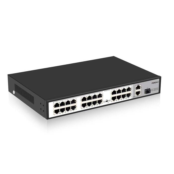 24 Port 10/100Mbps PoE+ Switch with 2 Gigabit Uplink Ports, Up to 30W Per Port, Total Budget 250W, 803.af/at Compliant, Rack Mount
