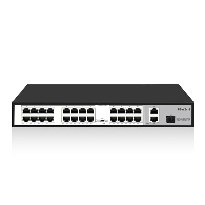 24 Port 10/100Mbps PoE+ Switch with 2 Gigabit Uplink Ports, Up to 30W Per Port, Total Budget 250W, 803.af/at Compliant, Rack Mount