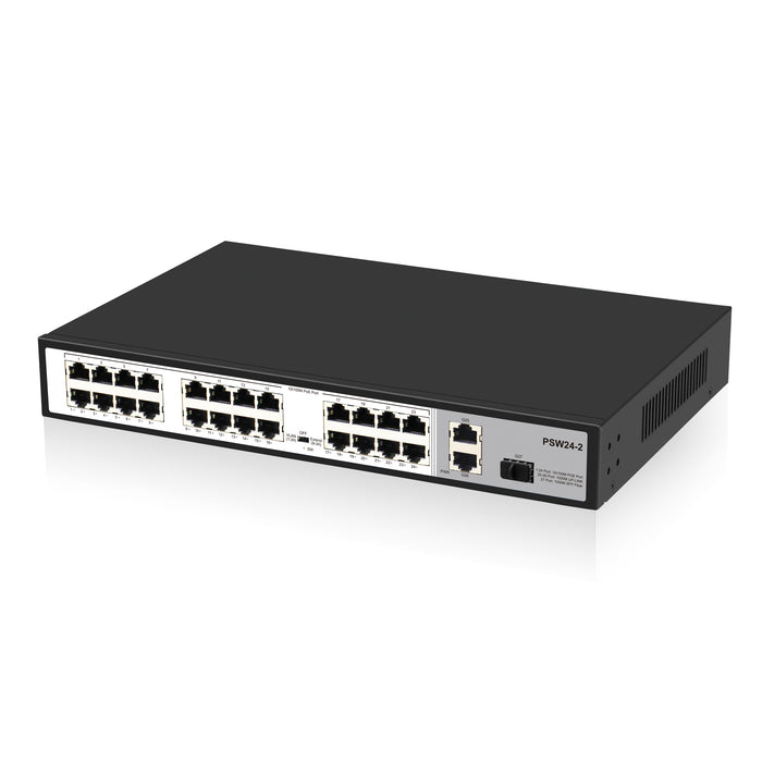 24 Port 10/100Mbps PoE+ Switch with 2 Gigabit Uplink Ports, Up to 30W Per Port, Total Budget 250W, 803.af/at Compliant, Rack Mount