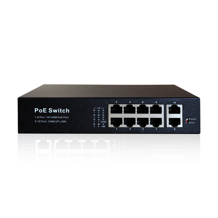 8 Port 10/100Mbps Unmanaged PoE+ Switch with 2 Uplink Ports, Up to 30W Per Port, Total Budget 150W, 803.af Compliant