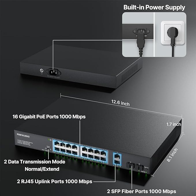 Loocam 16 Port Gigabit PoE Switch 156W - 18 Poorten Met 2 Uplink Voor Beveiliging En Netwerk