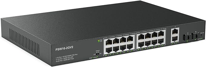 Real HD PSW16-2G Real HD 16 Port Full Gigabit PoE Switch with 2 Gigabit Uplink SFP Ports, Unmanaged Plug and Play, High Power Total Budget 300W, 803.af/at Compliant, Fanless & Slience, Metal Housing, Rack Mount