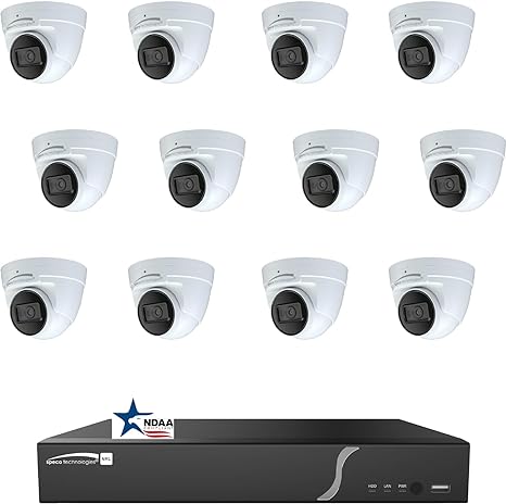 Speco-Technologies 16 Channel PoE IP Camera System, NDAA Compliant, N16NRE 16 CH 4K H.265 NVR with 12 pcs O4VT2 4MP Wired IP PoE Dome Weatherproof Cameras, 4TB Hard Drive Storage