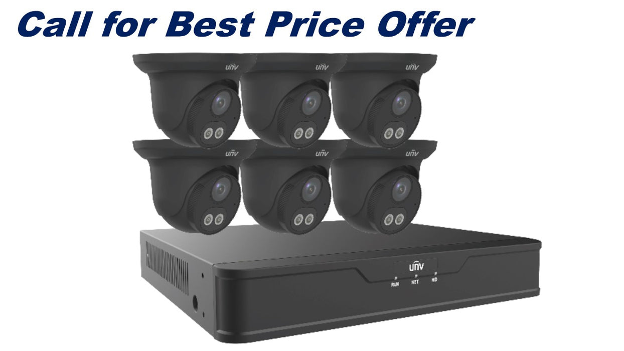 Uniview Dual Light 8 Channel Surveillance Kit with (6) 4MP Turret Domes In Black, (1) 4K 8 Channel NVR and 2TB HDD