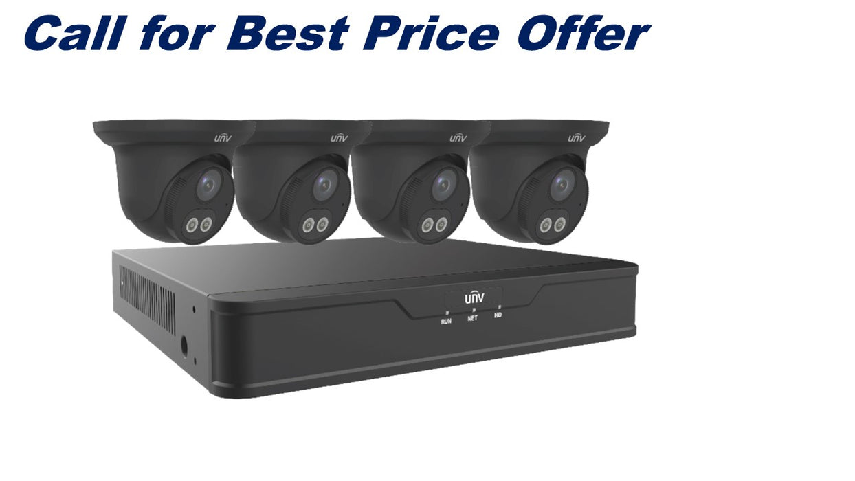 Uniview Dual Light 4 Channel Surveillance Kit with (4) 4MP Turret Domes in Black, (1) 4K 4 Channel NVR and 1TB HDD