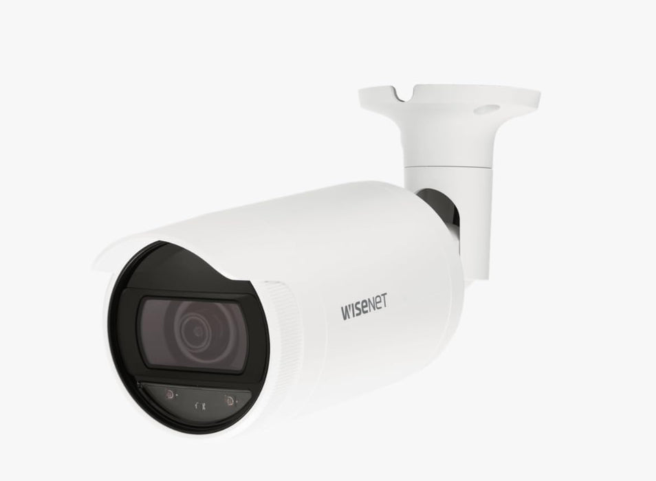 Ⲏanwha ANO-L7012R 4MP Bullet POE IP Security Camera Outdoor, NDAA Compliant, 3mm Fixed Lens, 98.3° Wide View Angle, AI Detection, White, Compatible with Ⲏanwha Wisenet Security IP Camera System
