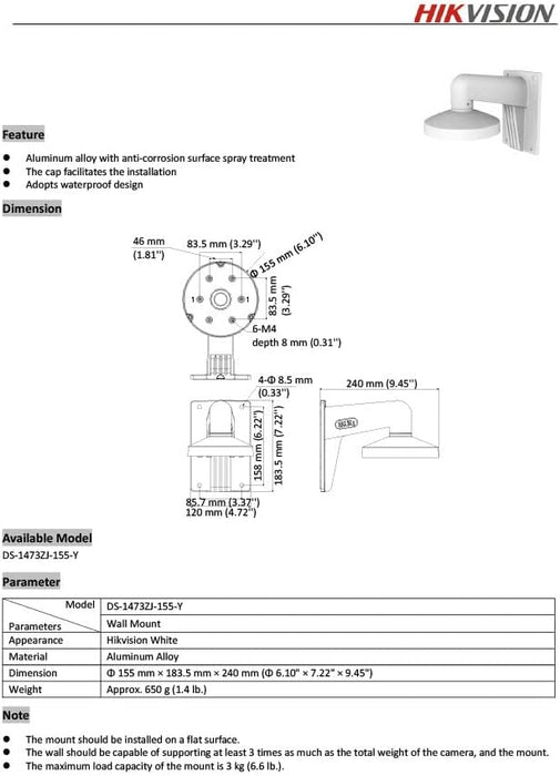 PC155 WMS WML DS-1473ZJ-155 Wall Mount Bracket Compatible with Hik Vision Turret Camera DS-2CD2387G2P-LSU/SL, Camera Not Includeded
