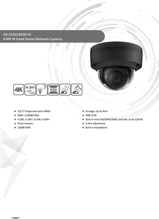 Hikvision DS-2CD2183G2-IU Acusense 4K 8MP IP Camera Outdoor, 2.8mm PoE Dome Camera with Audio, Built-in Microphone for Real-time Audio, WDR, IP67 IK10, H.265+ Human Detection, Support Firmware Upgrade, Black