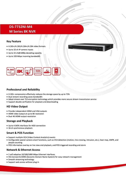 HIKVISION DS-7732NI-M4/24P 32 Channel 8K NVR NVR with 24 POE Ports, Hard Drive Not Included, Up to 32MP, Dual 4K HDMI, Single VGA and CVBS, Compatible with Hikvision System