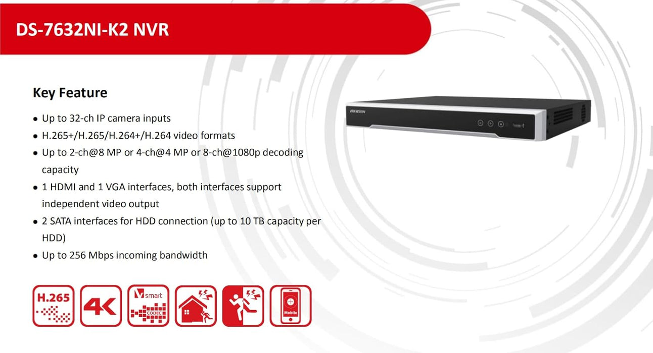 Hikvision DS-7632NXI-K2 Acusense 32 Channel with 【No POE Ports】 4K 8MP IP Network Video Recorder NVR, 2 SATA Hard Drive Place, Compatible with Hikvision, Hard Drive Not Included