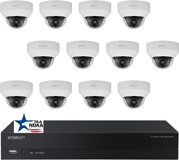 Hanwha Wisenet A-Series 16 Channel PoE IP Camera System, NDAA TAA Compliant for Government Projects, ARN-1610S 16 CH 4K H.265 NVR with 12 pcs ANV-L7012R 4MP IP Dome Weatherproof IP Cameras 4TB Storage