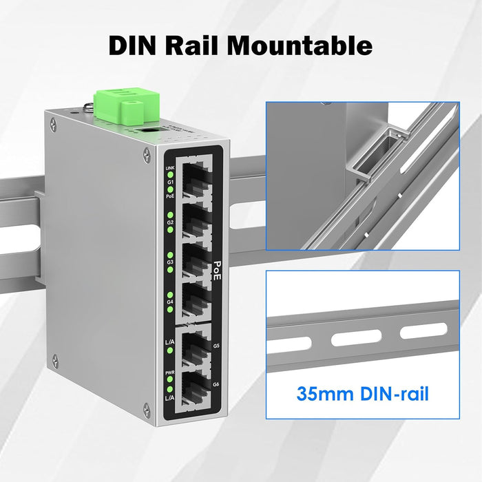 Industrial 4-Port Full Gigabit POE+ Switch with UL Power Supply, 2 Gigabit Uplink Port, Total 60W Budget, DIN-Rail POE Switch for IP Cameras, VoIP Phones, Wireless APs