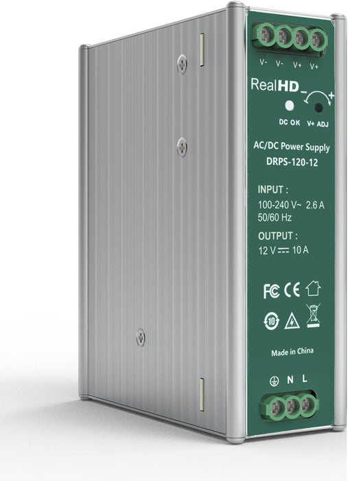 Industrial DIN Rail Power Supply AC to DC, 12V 10A 120 Watts Single Output, Size 1.7 x 4.8 x 5.1inch