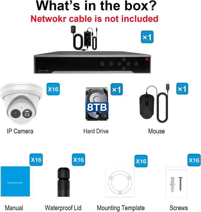 Hikvision 32 Channel 4K NVR Security Camera System - 16 x DS-2CD2343G2-I Dome 4MP Waterproof 2.8MM Lens POE Camera, 100ft IR Distance, 120dB True WDR, H.256+, 8MP 32CH POE NVR DS-2CD7732NI-M4/24P w/8TB HDD, Cable not Included
