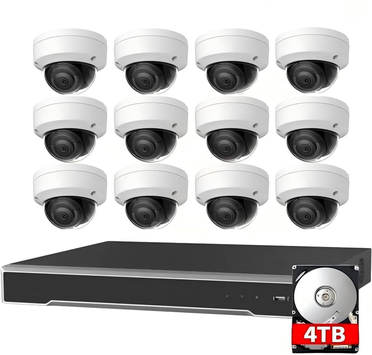 Hikvision 16 Channel PO IP Security Camera System, 4K 8MP NVR 4TB with 12 x 4MP DS-2CD2143G2-I Outdoor Vandal Dome Cameras 2.8mm 3-Axis IP67 IK10 H.265+ Cable not Included