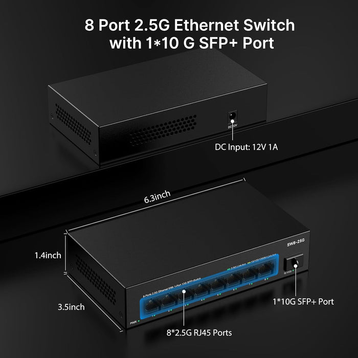 8 Port 2.5G Ethernet Switch Unmanaged Network Switch with 8 x 2.5 Gigabit | 1 x 10G SFP+ | Work with 10-100-1000Mbps Devices | 60G Bandwidth | Plug & Play | Fanless Quiet Metal Internet Switch