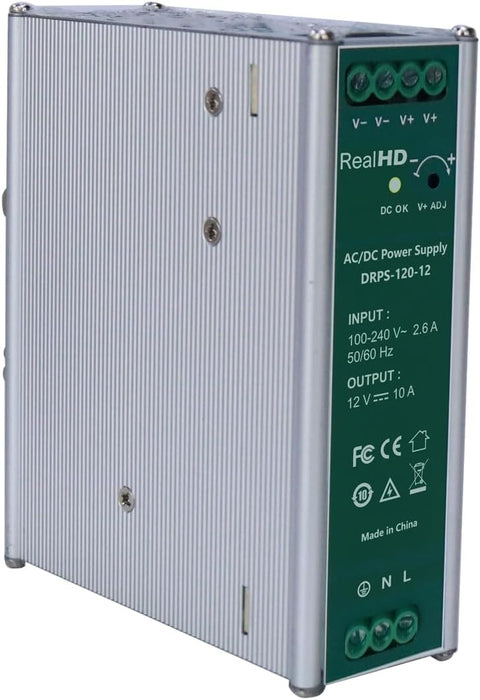 Industrial DIN Rail Power Supply AC to DC, 12V 10A 120 Watts Single Output, Size 1.7 x 4.8 x 5.1inch